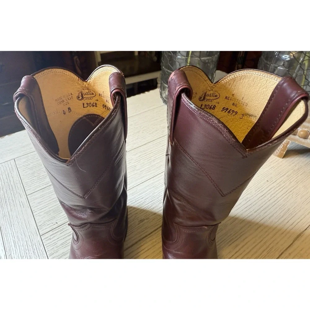 Justin Vintage Roper Boots Women's / Kids 4 B Made In‎ USA L3068 Maroon Leather